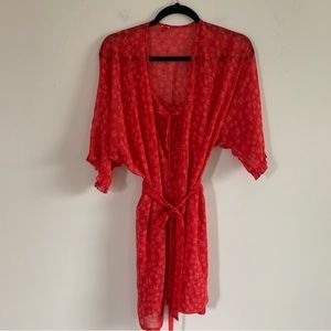 Josie Natori Red Floral Slip and Robe Set